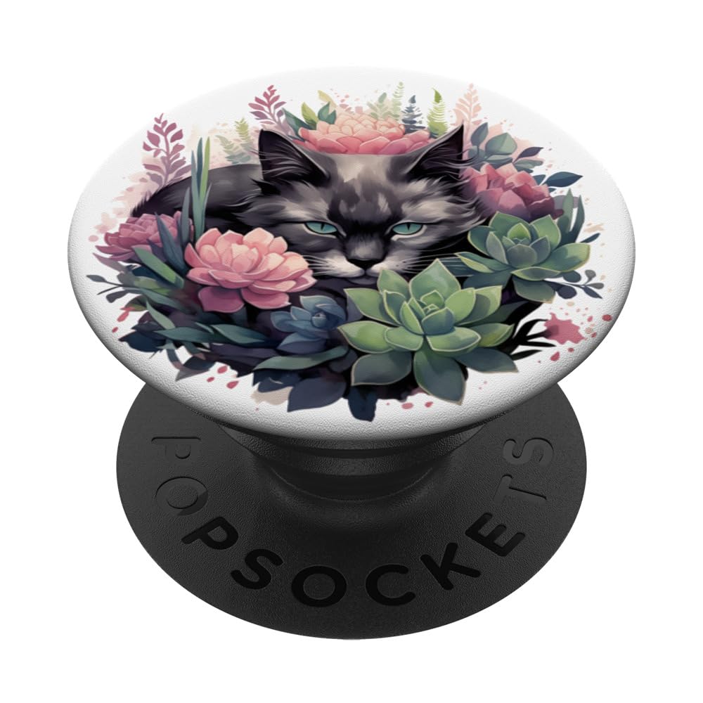 Sleepy Cat in Succulent Garden, Cute Napping Kitten Floral PopSockets Swappable PopGrip