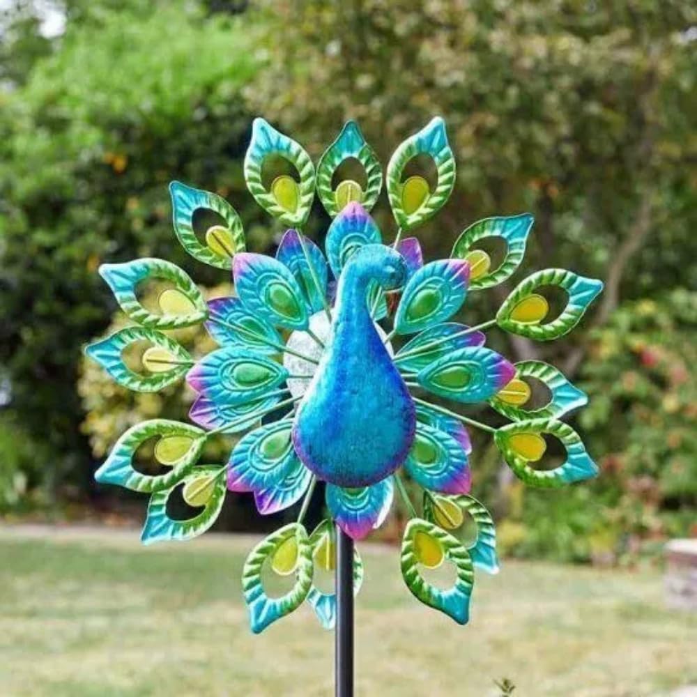Garden Mile 130cm Colourful Peacock LED Solar Powered Wind Sculpture Garden Ornament Windmills For Gardens Metal Decoration Wind Spinner for Gardens Durable