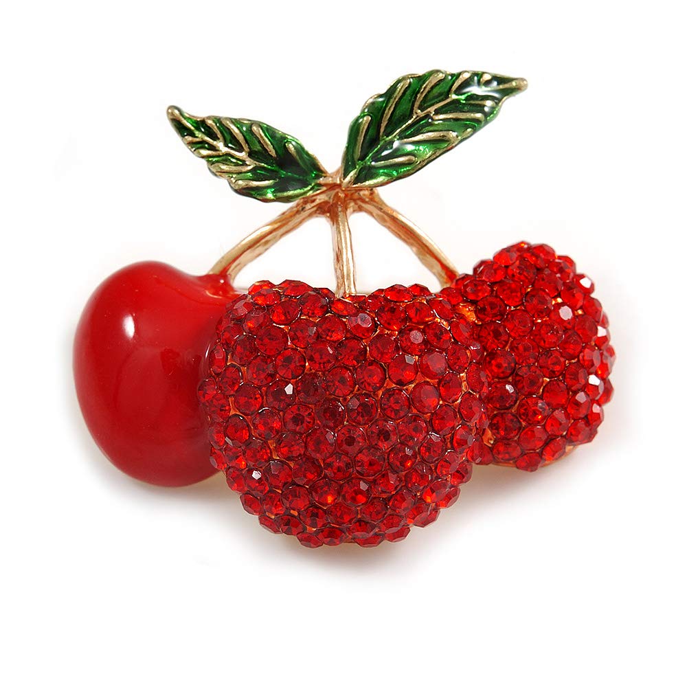 Red Crystal, Enamel Cherry Brooch In Gold Tone - 40mm Across