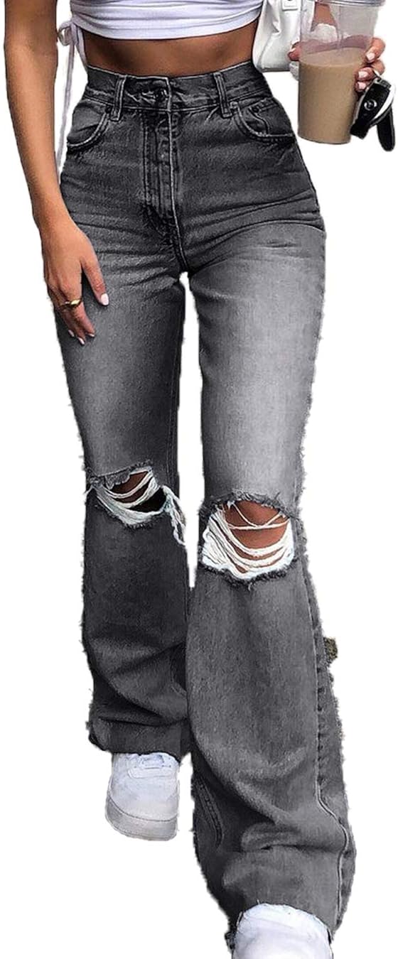 Women Ripped Jeans High Waist Casual Solid Palazzo Flared Boot Cut