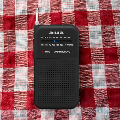 Aiwa Radio Portátil Am/FM de Bolsillo AWFML1, Altavoz 1.5”, Conector Audífonos 3.5 mm, Funciona con 2 AAA, Diseño Compacto Ligero Color Negro, Recepción Clara y Fácil de Usar