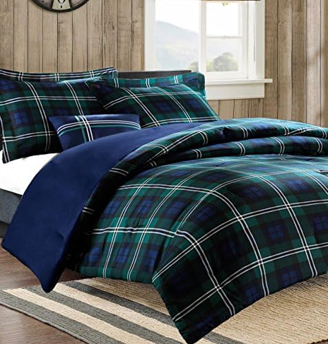 Teen Boys Bedding Sets Blue Green Plaid Bedding Comforter Set with Switchback Outdoor Gear Emergency Pocket Flashlight (Full/Queen)