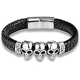 HAQUIL Gothic Punk Triple Skull Leather Wristband Cuff Bracelet. Goth Skull Jewelry Gift for Men