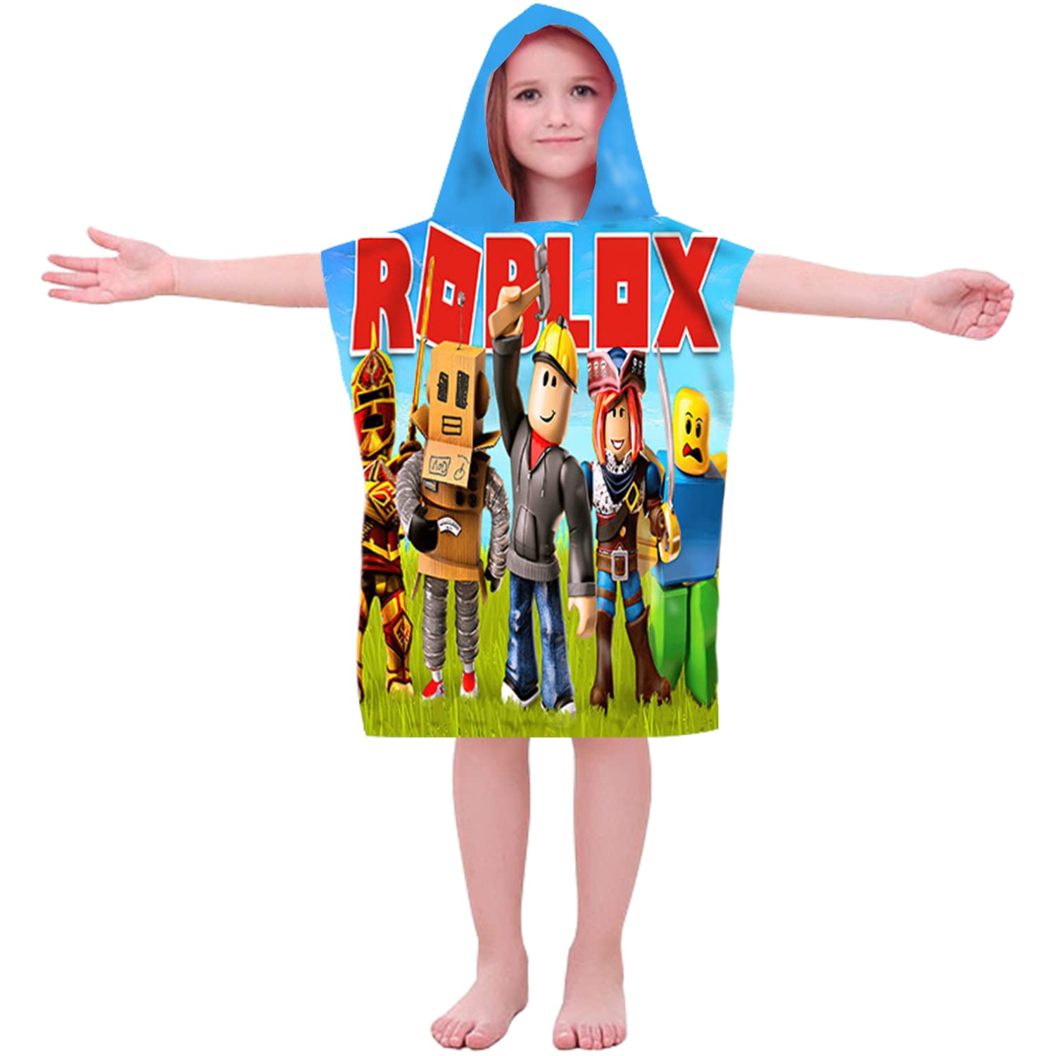 Bonamana Roblox Game Poncho Hooded Beach Towel for Kids Bathrobe Bath Sheets Shower Swim Pool Ultra Bathroom Towels for Girls Boys Children 2-7 Years (Grass Character)