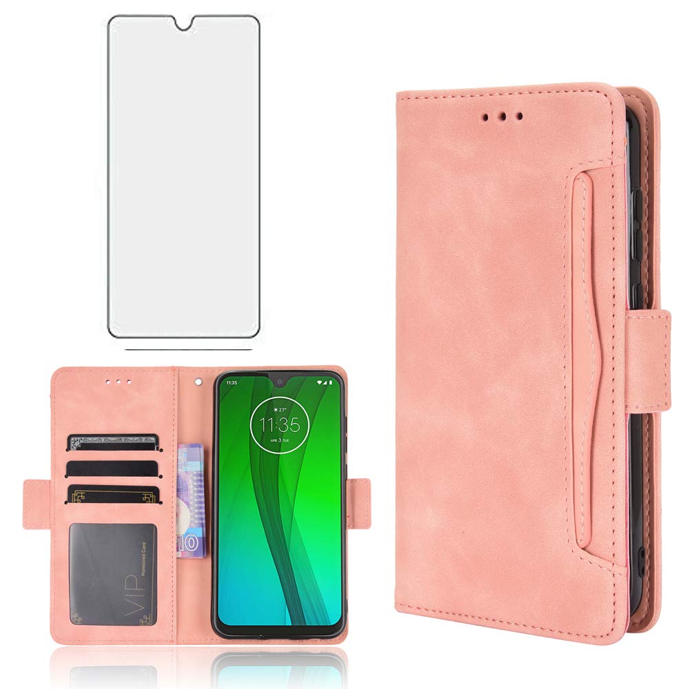 Phone Case for Motorola Moto G7/Moto G7Plus With Tempered Glass Screen Protector Card Holder Slot Stand Kickstand Shockproof Protective Wallet Purse Leather Flip MotoG7Plus Moto7 G 7 7G G7Plus Pink