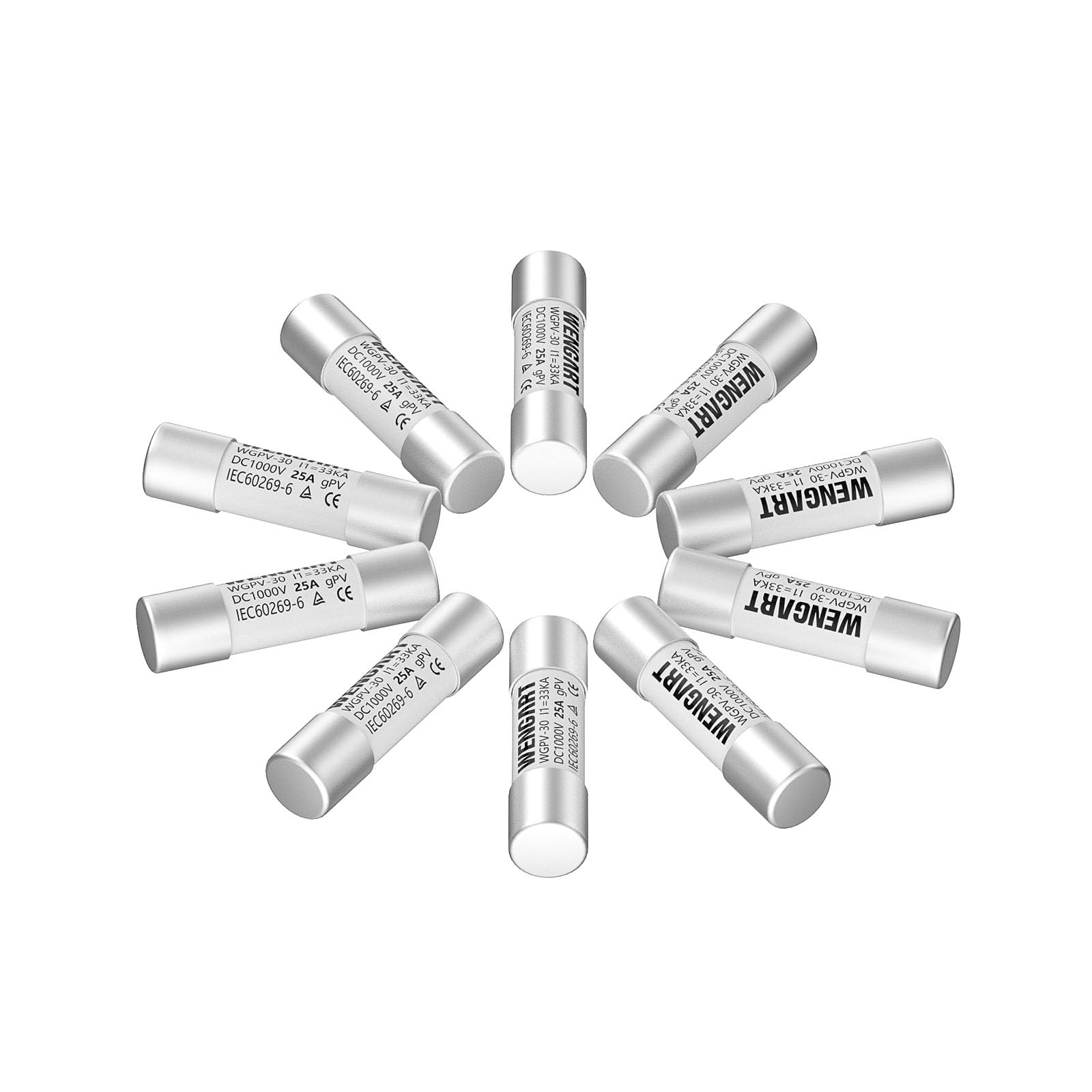 Wengart Solar Fuses WGPV-30,Fast Photovoltaic Fuses for Solar Photovoltaic Applications,DC1000V 25Amp,10x38mm,I133kA,10pcs