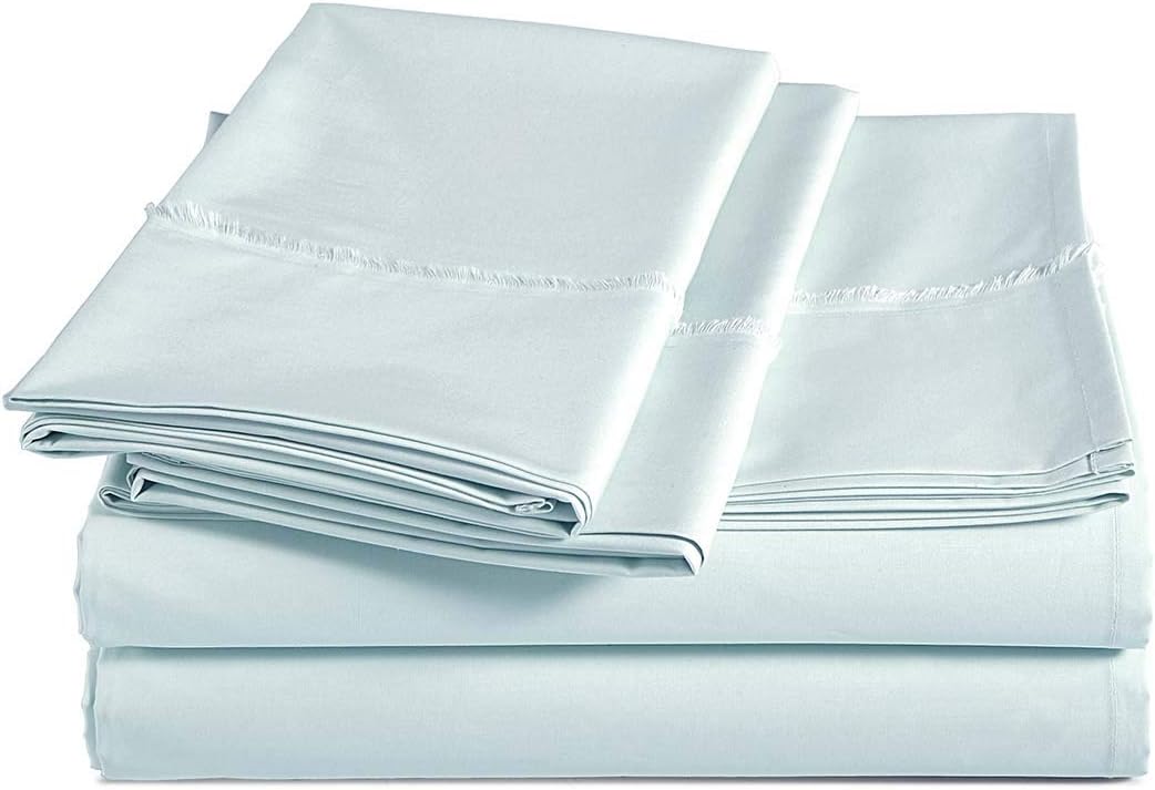 AmazonBasics Organic Percale Cotton Sheet Set with Frayed Hem - Queen, Soft Blue