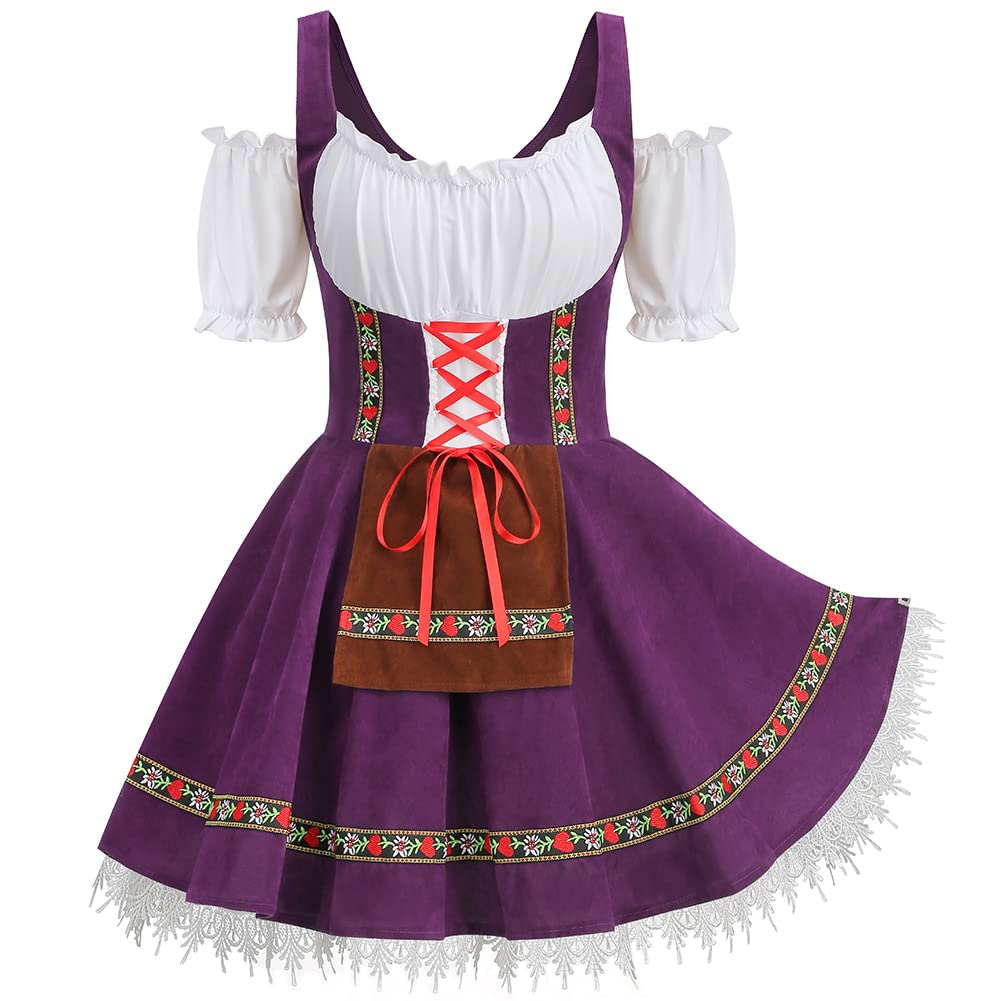 Photo 1 of TOONRAIN Oktoberfest Costumes Women Authentic German Dirndl Dress Bavarian Style Beer Outfit (Purple,M)