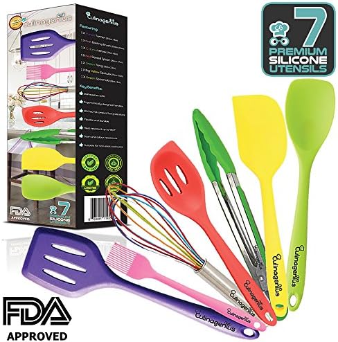 Silicone Utensils for Cooking and Baking featuring 7 Pieces Premiums FDA Approved Turner, Slotted Cooking Spoon, Cooking Spoonula, Baking Spatula, Basting brush, Tong and Baking Whisk by CULINAGENIUS
