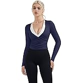 SUUKSESS Women Pilates Wrap Workout Cropped Top Ribbed Long Sleeve V Neck Tie Front Ballet Yoga Shrug Blouse