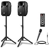 Moukey MPA80 PA System, 8 Inch Active &amp; Passive Powered Rechargeable PA Speakers, 600W Peak Power, with 2 Tripod Stands, Wired Microphone, Remote Control, Support BT/USB/TF/FM/AUX
