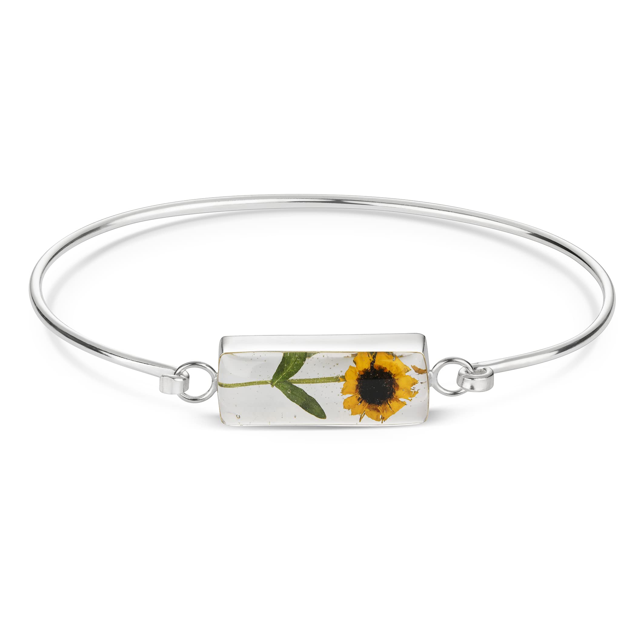 Natural Flower Jewellery Minature Sunflower Bangle Flowers Set in Resin in Sterling Silver Bangle