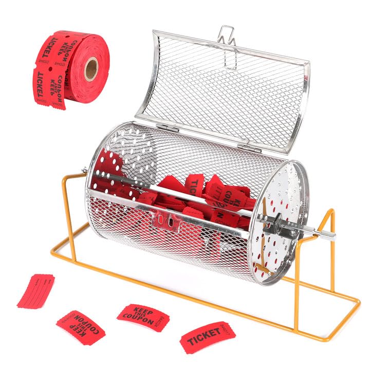 Photo 1 of 1 Pcs 7.09" X 4.72" Raffle Drum for Tickets Metal Raffle Ticket Spinner Box with 500 Tickets Durable Raffle Ticket Cage with Stand Lottery Spinning Drawing for Lottery Games, Raffle Balls (1)