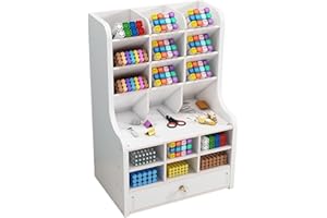 Hggzeg Updated Wooden Pen Organizer with Drawer, DIY Pencil Holder Desk Tidy Caddy Office Stationery Desktop Art Supply for H