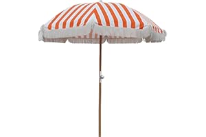 7 Ft Orange Striped Garden Parasol with Tassel, UPF50+ Outdoor Tilt Beach Umbrella for Balcony, Deck