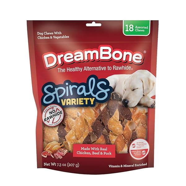 DREAMBONE SPIRALS VARIETY PACK, RAWHIDE FREE DOG CHEWS, 18 COUNT
