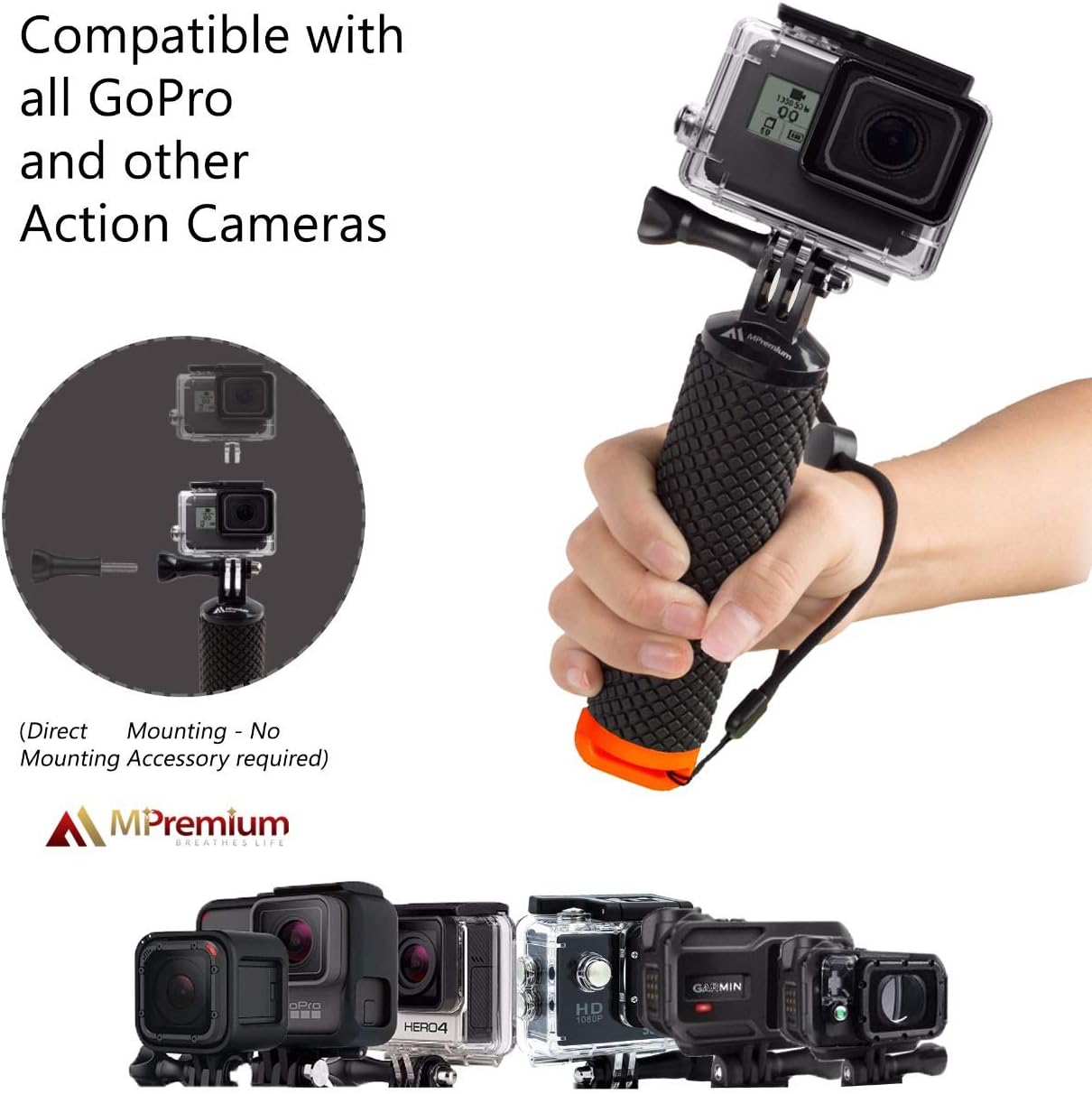 Waterproof Floating Hand Grip Compatible with GoPro Hero 8 7 6 5 4 3 3+ 2 1 Session Black Silver Camera Handler & Handle Mount Accessories Kit for Water Sport and Action Cameras (Orange) : Camera & Photo