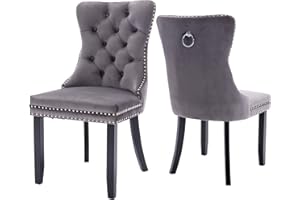 Virabit Tufted Dining Chairs Set of 2, Velvet Upholstered Dining Chairs with Nailhead Back and Ring Pull Trim, Solid Wood Dining Chairs for Kitchen/Bedroom/Dining Room (Grey)
