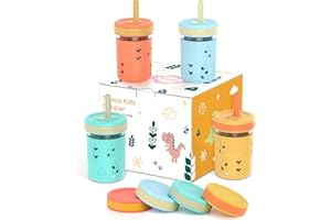 Tronco 8 oz Glass Sippy Cup for Toddlers, Kids Mason Jar Smoothie Cup with Silicone Sleeves & Spill Resistant Flexible Straw, Snack Cup, BPA-Free, Dishwasher Safe