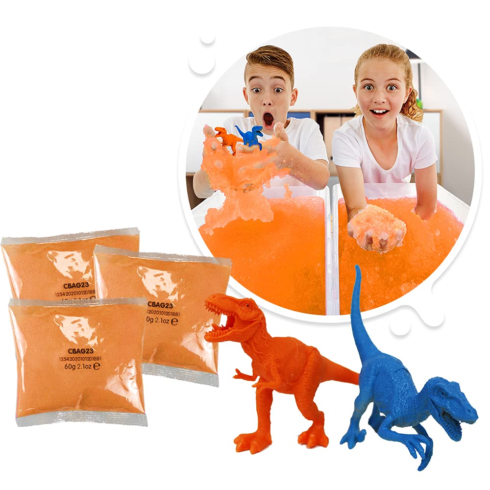 Dino Volcanic Play from Zimpli Kids, Magically turns water into thick, colourful goo, 3 x Orange Gelli Play & 2-piece Dinosaur Figure Playset for Children, Educational Dino Toys for Boys & Girls