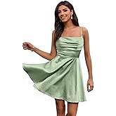 WTBZYDC A-Line Spaghetti Short Homecoming Dress for Teens, Pleated Mini Satin Cocktail Party Gowns for Women