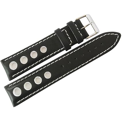 EULIT 22mm German Black and White GT Racing Rallye Rally Leather Watch Strap