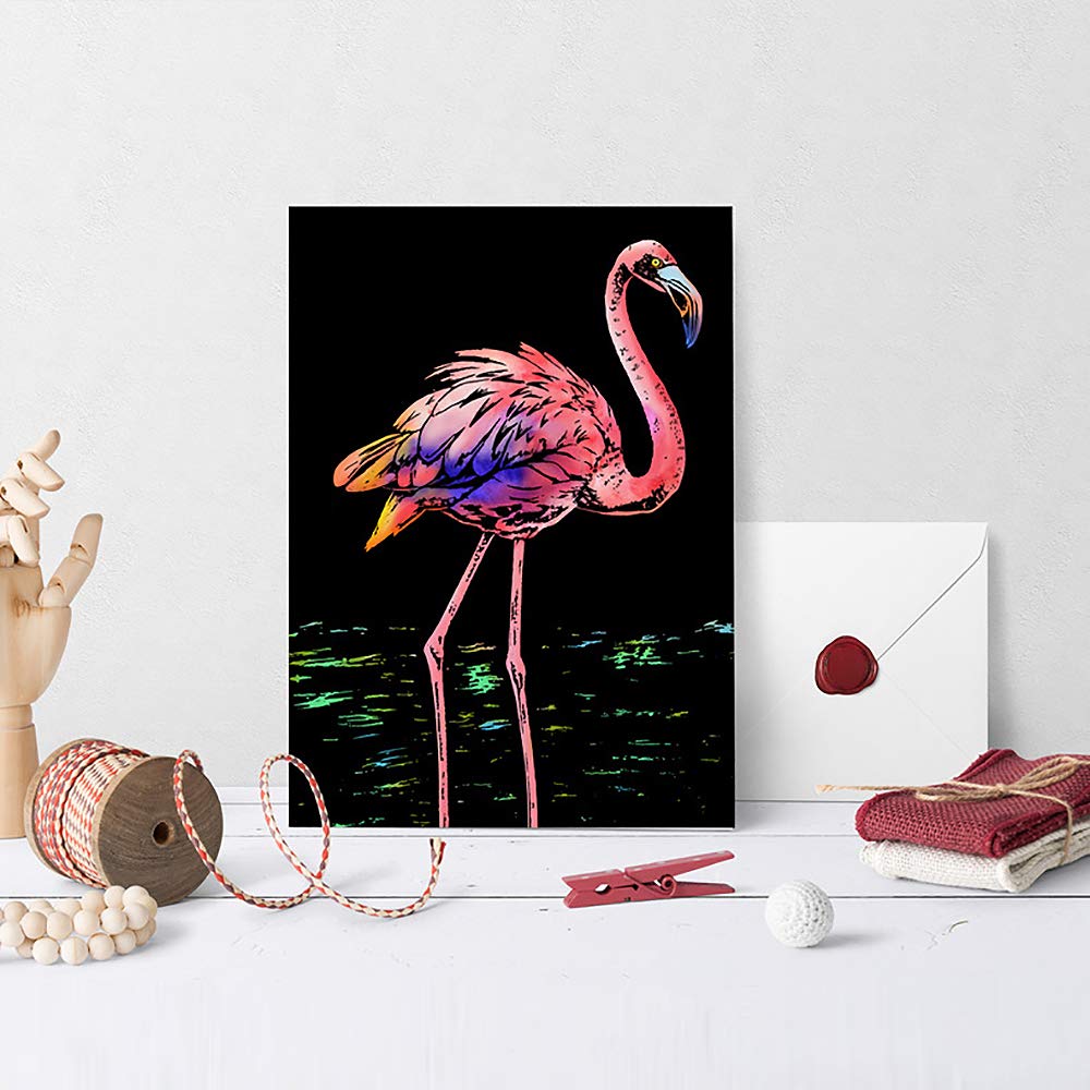 Scratch Art for Kids & Adults, Rainbow Painting Night View Scratchboard(A4), Crafts Set: 8 Sheets Scratch Cards with 6 tools in Bag - Unicorn/Flamingo/Cat/Deer/Lion/Tiger/Leopard/Wolf (Animal Series)