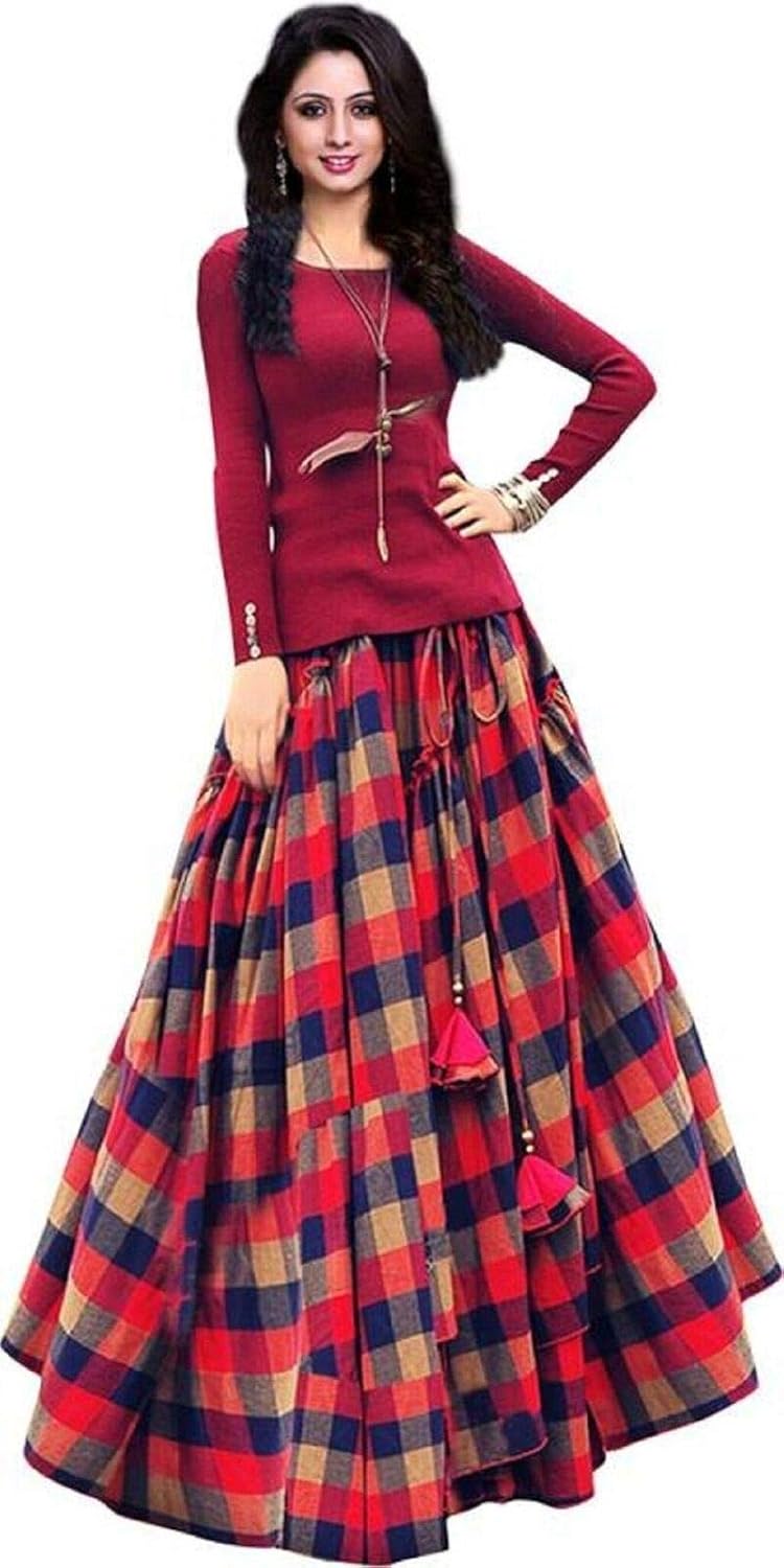 shopping villa women's velvet checkered semi-stitched lehenga choli (291020188, maroon, dark blue, yellow, free size)