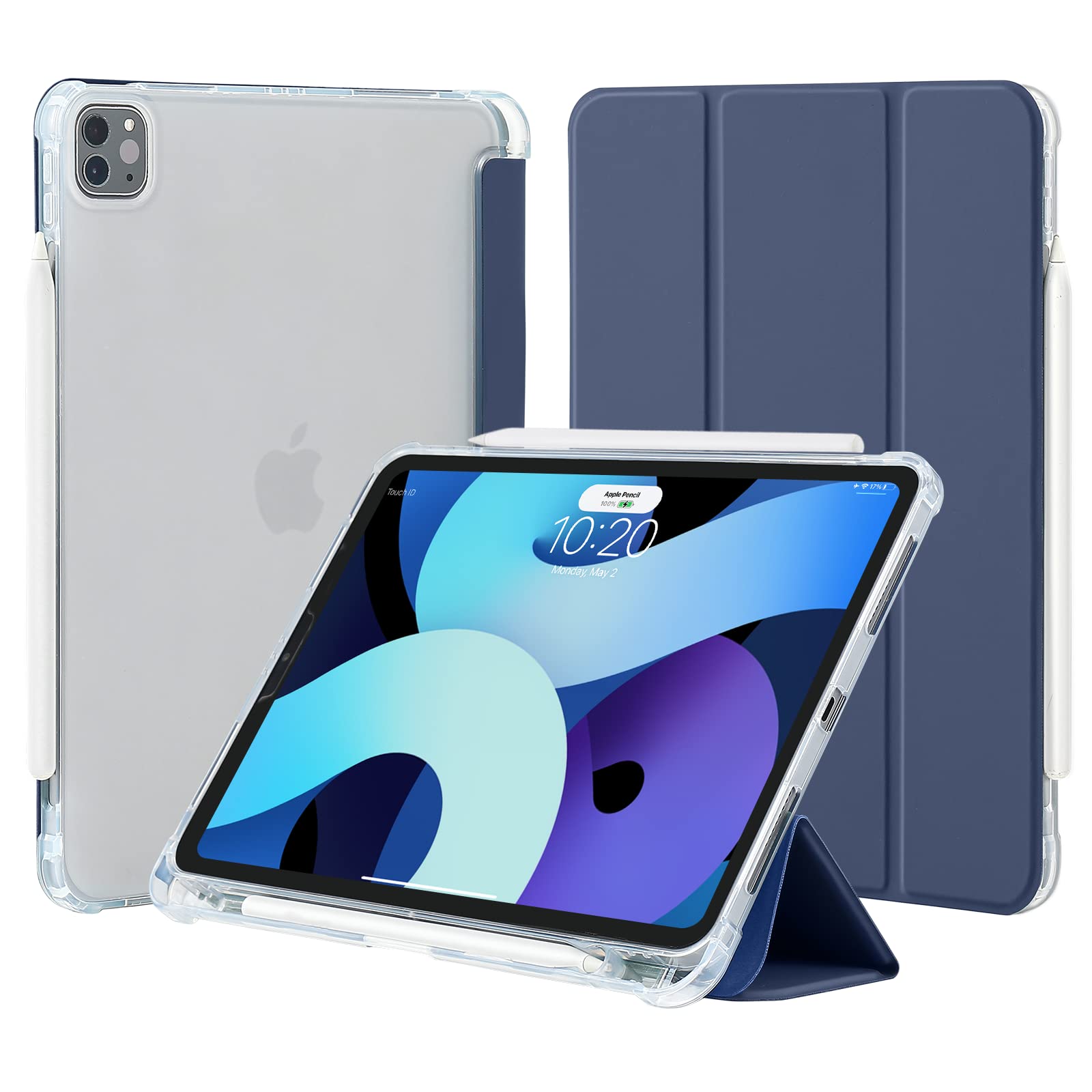 4UBonLife Case for iPad Pro 11 inch Case 2022/2021/2020/2018 (4th/3rd/2nd/1st Generation) with Pencil Holder, Slim Stand Case Soft TPU Back Cover, Support 2nd Pencil Wireless Charging, Dark Blue