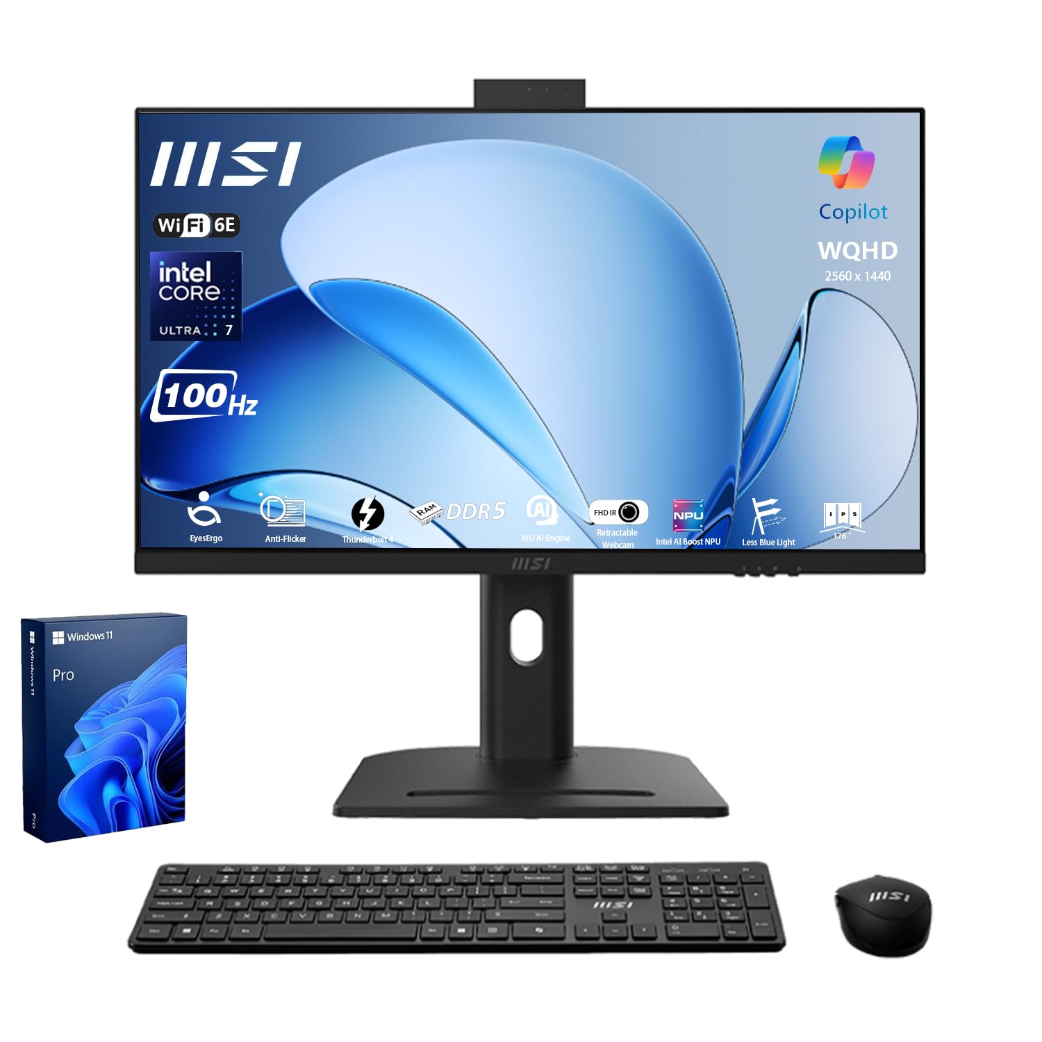 msi Modern 27" Business All-in-One AI Desktop, 27" WQHD IPS 100Hz Display, Intel Core Ultra 7 155H, 32GB DDR5, 1TB SSD, FHD IR Webcam, Wi-Fi 6E, Thunderbolt 4, HDMI, Wireless KB&Mouse, Windows 11 Pro