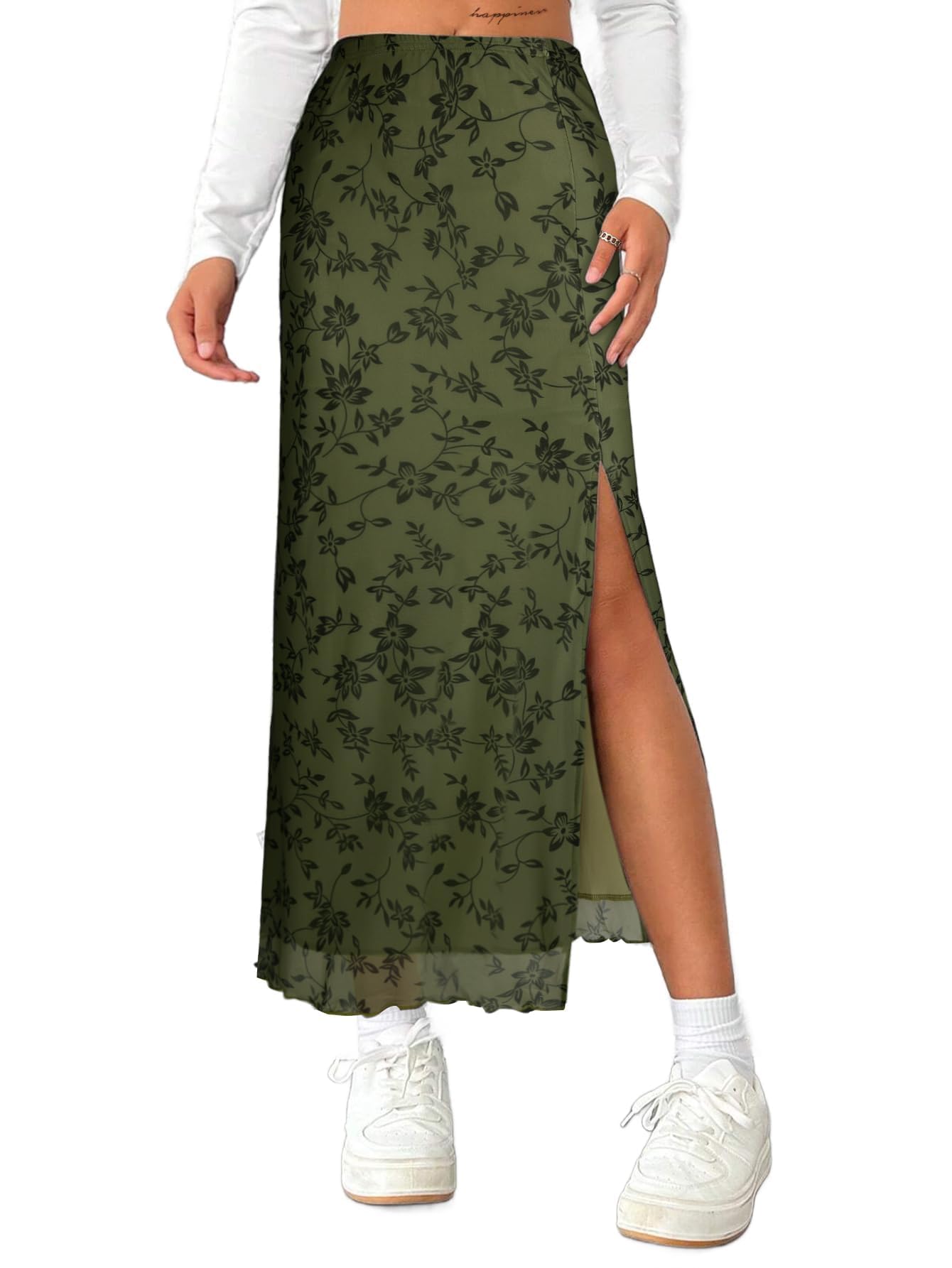 Photo 1 of (USED/FAIR) (XXL) (BAGGED) Avanova Women's Floral Print Mesh Slit Split Long Skirts High Waisted Sexy Summer Maxi Skirts Green Floral XX-Large