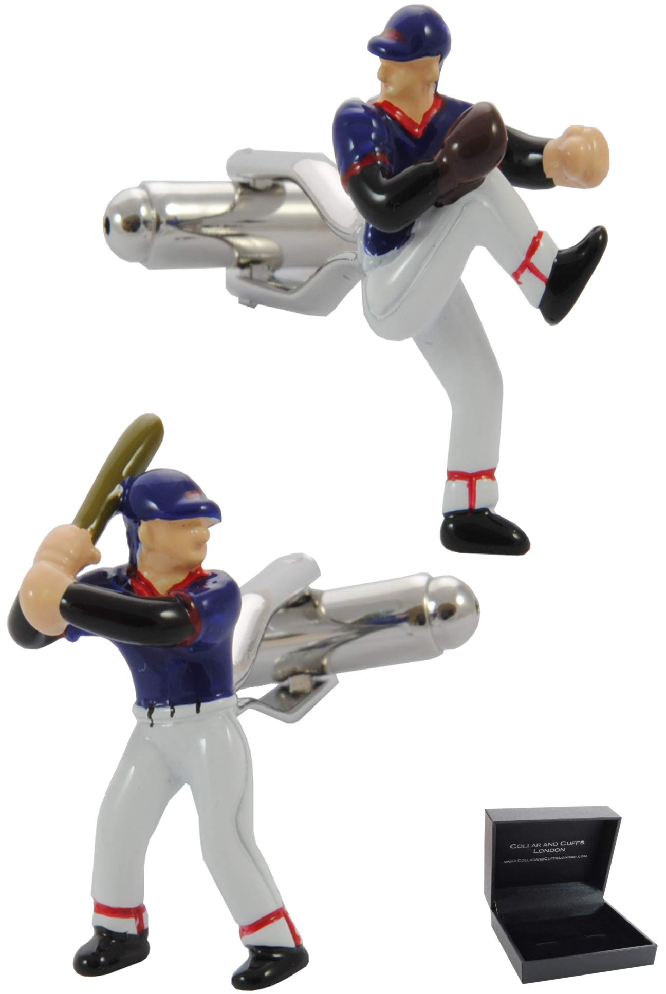 Cufflinks for Men + Presentation Box - Baseball Blue - Pitcher and Batsman - Sport Bat - Blue, White and Red - One Pair