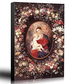 Oil Painting of The Virgin and Child in a Garland of Flower by Peter Paul Rubens in 1621 - Baroque Style - Catholic - Canvas Art Home Art - 12x18 inches