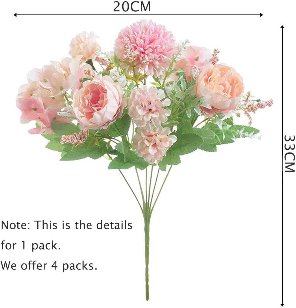 LAWOHO Artificial Flowers 4 Packs Pink Fake Peony Silk Hydrangea Bouquet Decor Plastic Carnations Daisy Realistic Flower Home Office Party Decor Arrangements Wedding Decoration Table Centerpieces - Image 3