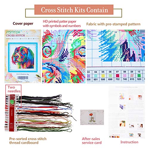 ITSTITCH Cross Stitch Kits Stamped for Adults 11CT 17X17 inch DIY Embroidery Starter Kits Easy Patterns Embroidery for Girls Crafts DMC Needlework Kits Preprinted Rainbow Dog Pattern