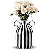 Black and White Striped Vase,Mid Century Hand-Painted Modern Ceramic Vase,Nordic Boho Vases, Black White Checkered Cute Flower Vases for Centerpiece,Living Room,Office,Home Decor (Black and White)