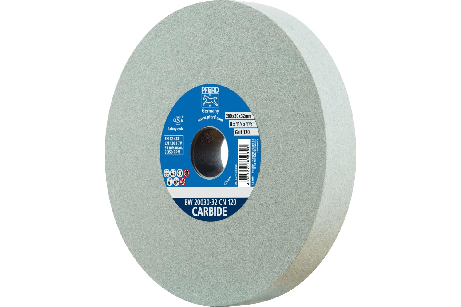 Pferd 39008458 Sanding Disc 200 x 30 x 32 mm Carbon Grain Size 120, Silicon Carbide – Sanding Disc for Working Hard Materials with Integrated Reducing Sleeves (25/20/16 mm)