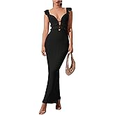 WDIRARA Women's Textured Cut Out Backless Bodycon Maxi Dress Ruffle Sleeveless Fishtail Cami Dresses