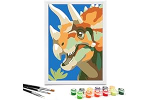 Nariolar Paint by Numbers for Kids Ages 4-8 with 7X9.5 inch Pre-Printed Cardboard,12 Acrylic Paint Pots and 3 Painting Brushes, Craft Gift Room Decor for Children,(Triceratops)