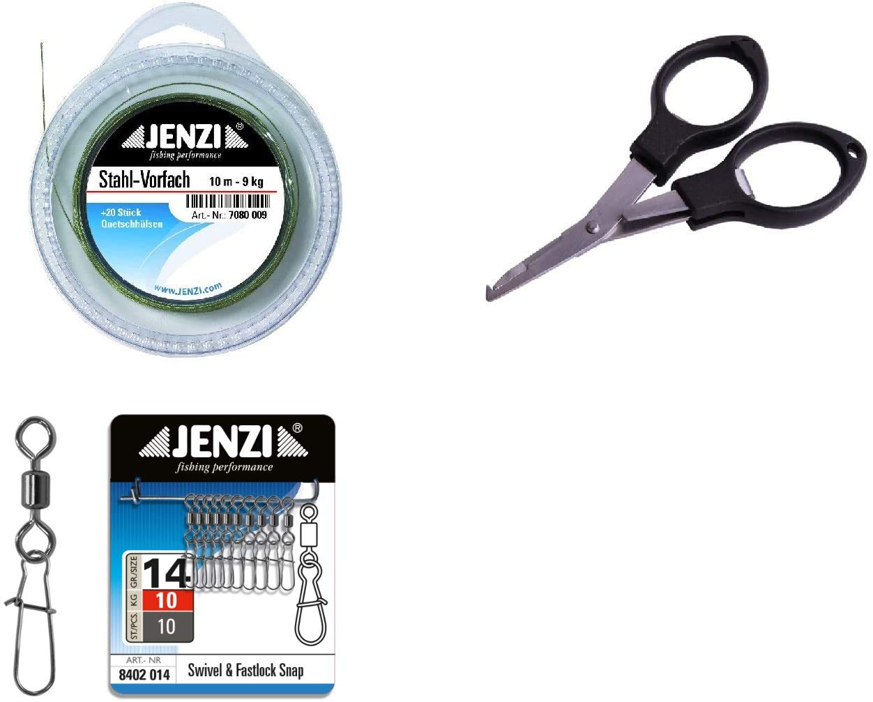 Leader set 1 x steel leader 9 kg, 10 m coated, 20 crimp sleeves, 10 carabiner hooks with swivel and fishing scissors + Petri Heil! sticker.