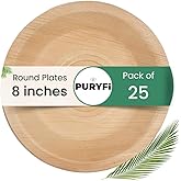 Puryfi Disposable Palm Leaf 8" Round Plates (Pack of 25) Bamboo Like Serving Platters, Disposable Boards, Eco-Friendly Dinnerware For Weddings, Catering, Events