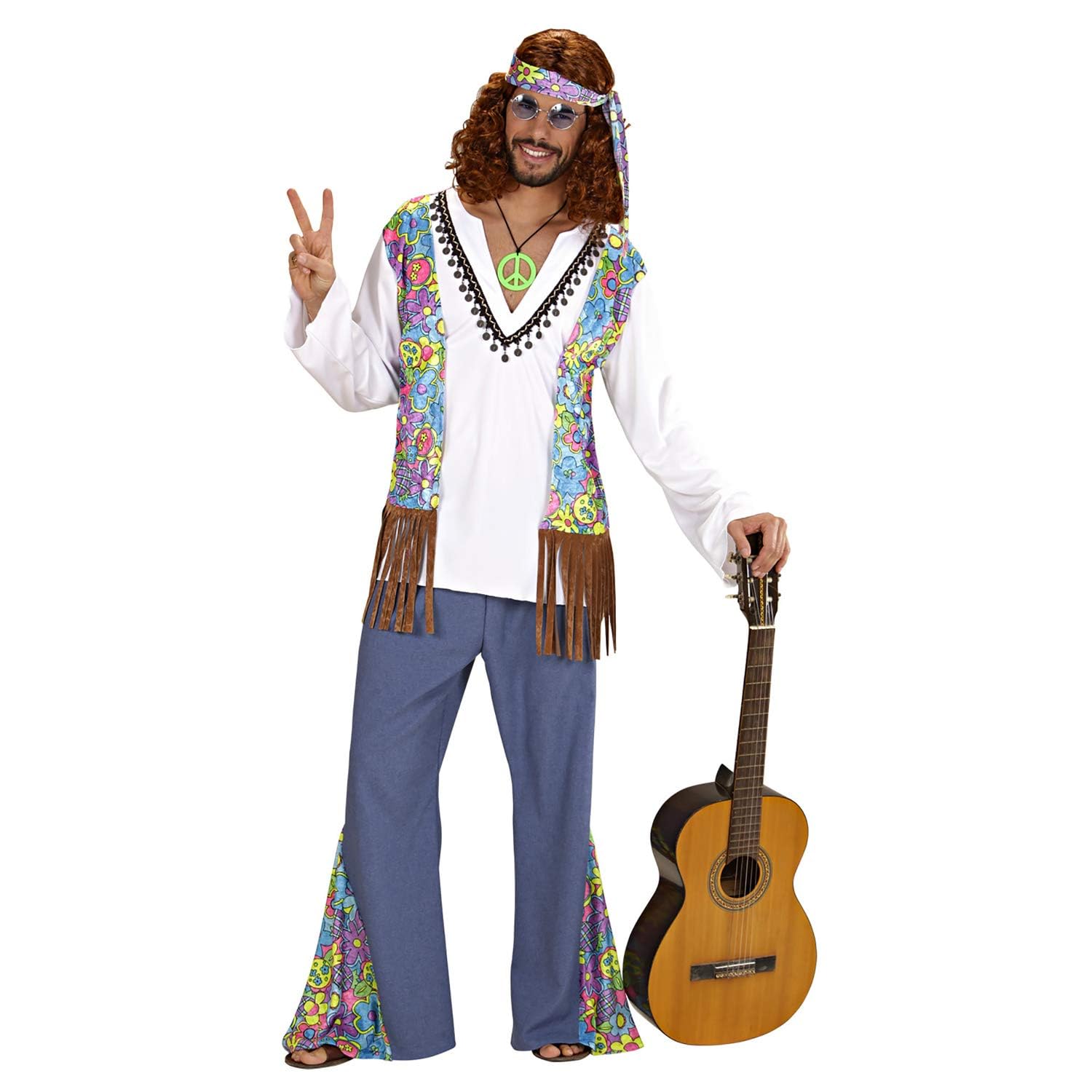 WIDMANN MILANO PARTY FASHION W Costume Woodstock Hippie, Shirt with Vest, Trousers, Headband, Flower Power, Theme Party, Carnival