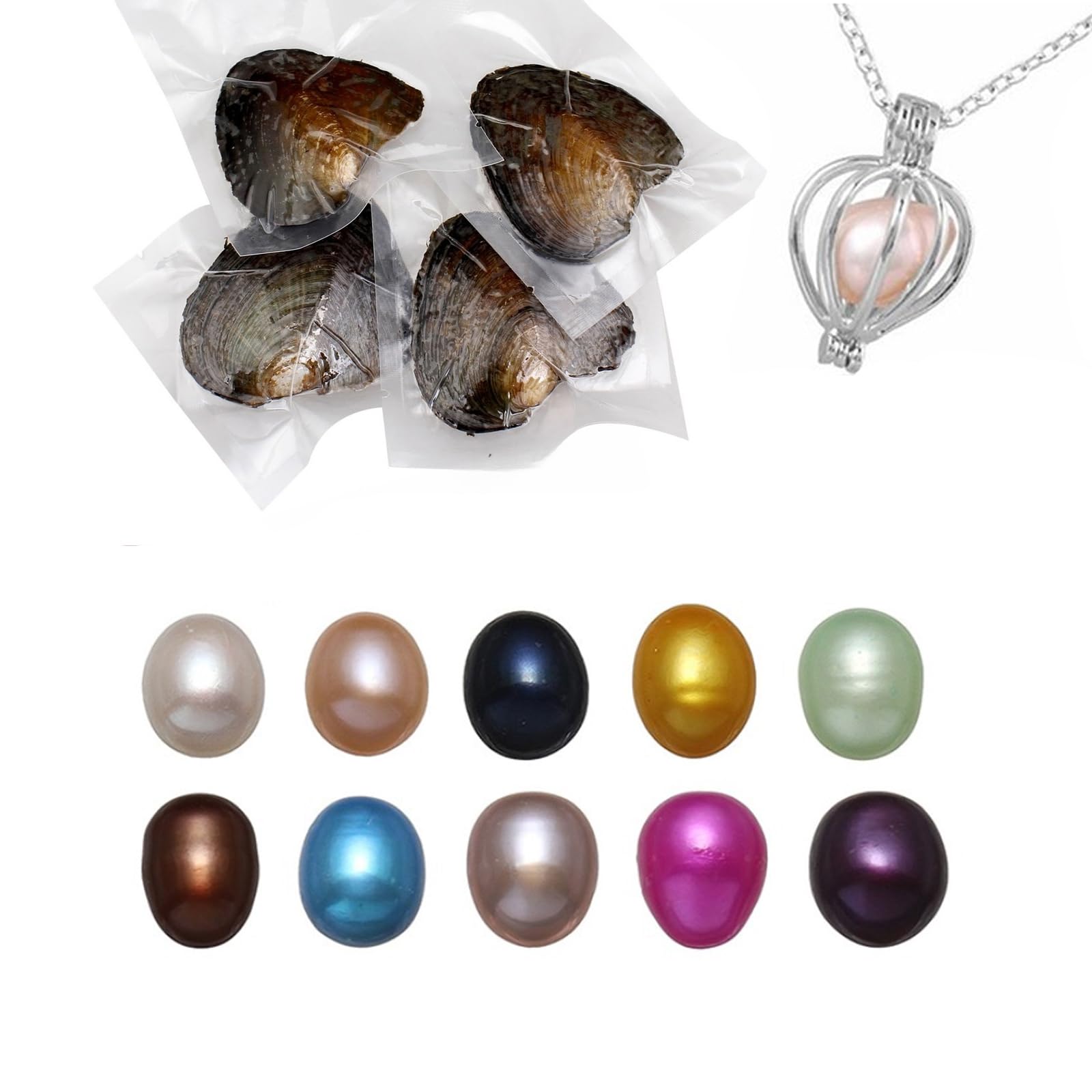 kiss me Oysters with Pearl Inside, Natural Oyster Pearl with DIY Necklace Making kit, Necklace Cage Locket Cultured Pearl in Oyster Set, Surprise Gift For Wife,Girlfriend,Mother (Lotus 10PCs/ 7-8mm)