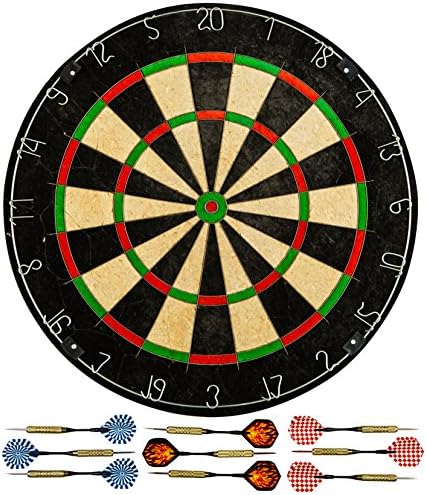 Dartboard with 9 Darts - Best Quality and Durable Bristle Steel Tip Dart Set with Galvanized Spider Wires, Staple-Free Bullseye and Complete Hardware for Wall Mounting