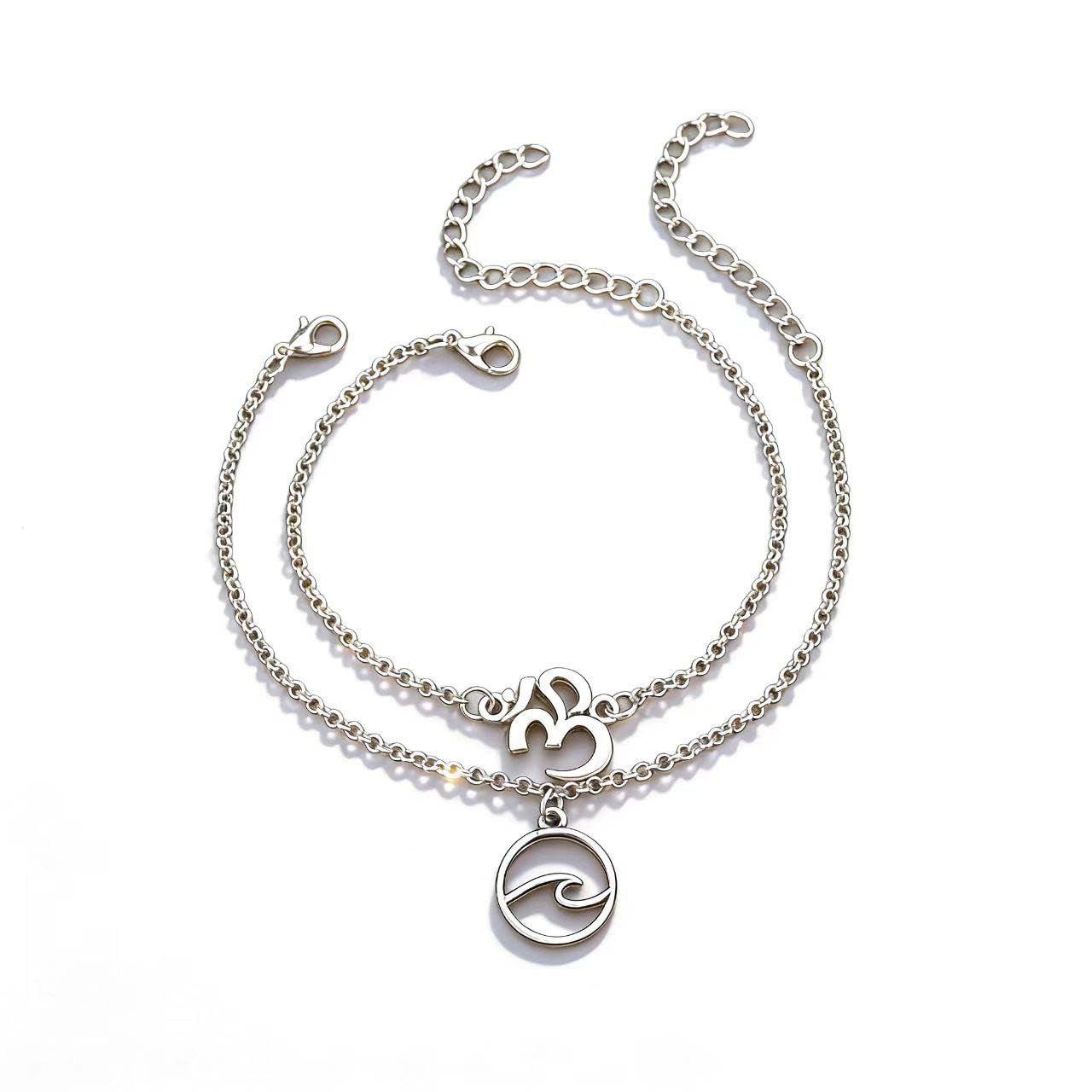 Wedity Boho Anklets Silver 3D Digital Combination Anklet Wave Ankle Bracelets Summer Accessories Beach Foot Jewelry Adjustable for Women and Girls