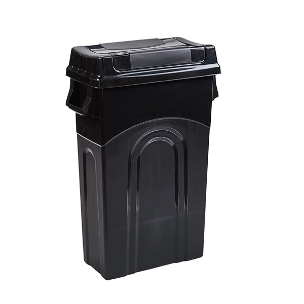 UNITED SOLUTIONS HIGHBOY WASTE CONTAINER WITH SWING LID, 23 GALLON, SPACE SAVING SLIM PROFILE AND SIMPLE BAG REMOVAL, HANDLES FOR EASY CARRYING, INDOOR/OUTDOOR USE, PLASTIC, BLACK, 1-PACK.