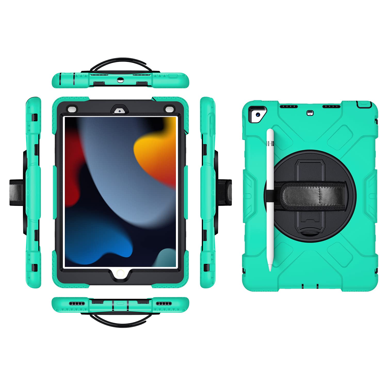iPad 9.7 2017 2018/Pro9.7/Air2 Generation Case with Screen Protector Pencil Holder Kickstand 360 Rotating Wrist Strap Wrist Strap Kickstand Rugged Protective Case (Jade Green)