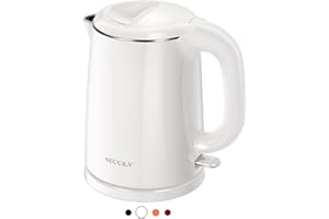Secura Stainless Steel Double Wall Electric Kettle Water Heater for Tea Coffee w/Auto Shut-Off and Boil-Dry Protection, 1.0L (White) SWK-1001DW/HB-K012