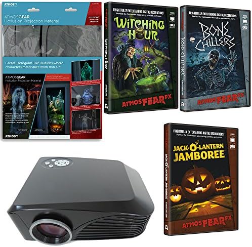 AtmosFearFX Witching Hour, Bone Chillers and Jack O Lantern Jamboree Projector Kit with AtmosGearFX 3D Hollusion Projection Screen and 1000 Lumen LED Virtual Video Projector