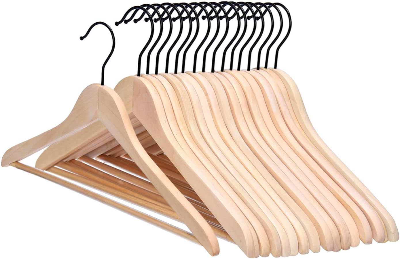 JS HANGER Wooden Coat Hangers, 16 Pack High Grade Wood Suit Hangers with Non Slip Pant Bar - Extra Smooth and Splinter Free, Unvarnished